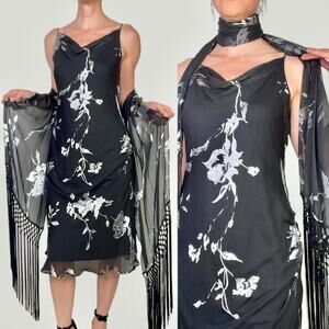 Alex Evenings beaded floral silk slip dress‎ with matching scarf formal cocktail